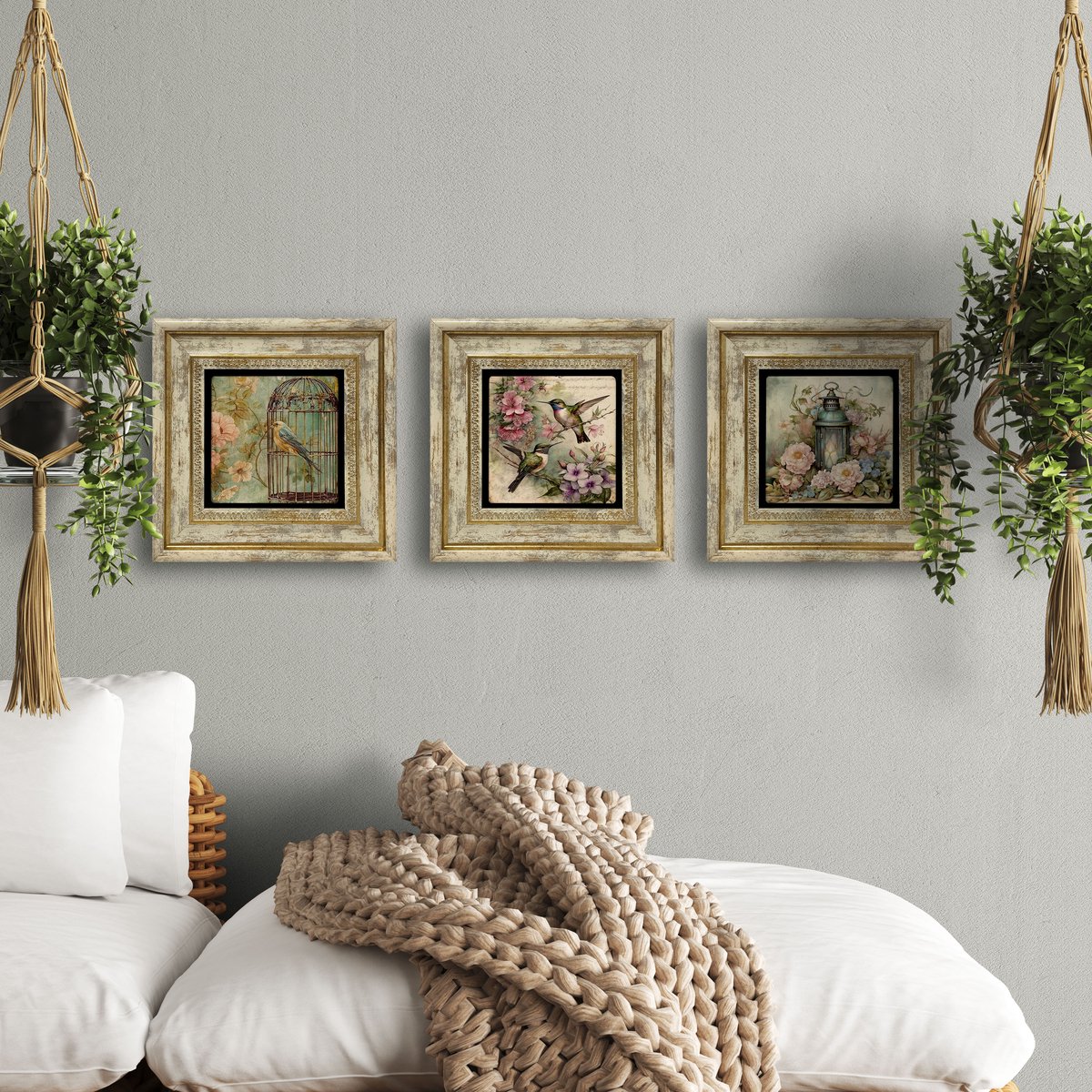 Artlijn Vintage Vogel Wanddecoratie – Set van 3 Natuursteen Art Prints – Travertin Steen – Bloemen Illustratie