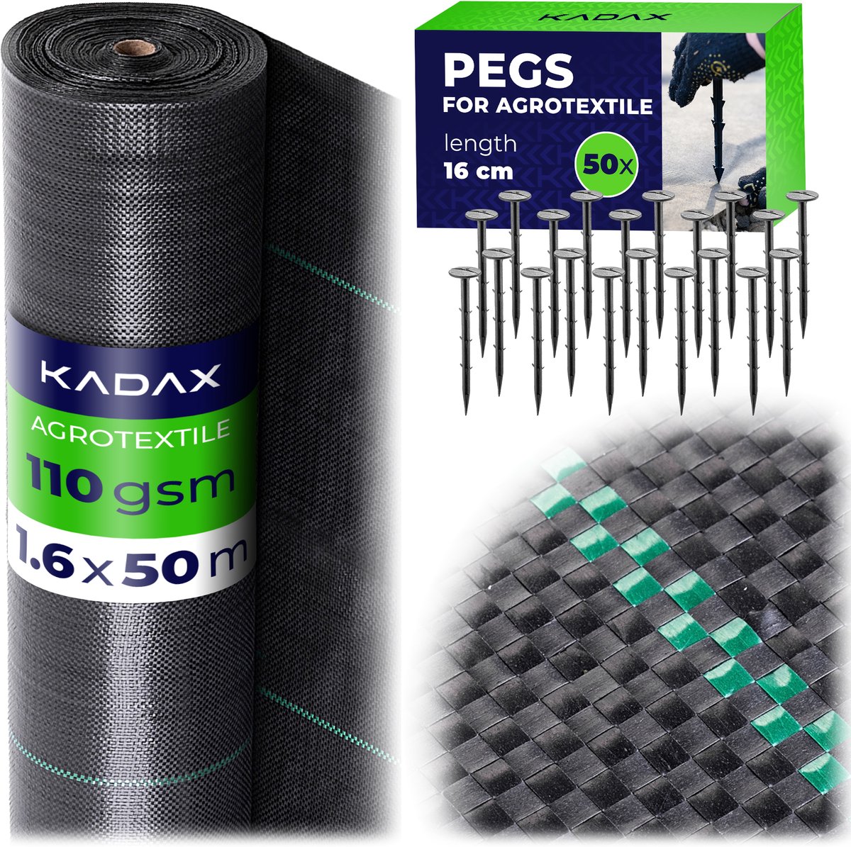 KADAX onkruiddoek 80 m², 110 g/m², tuinfolie van polypropyleen, onkruiddoek, waterdoorlatend onkruiddoek, plantendoek met 50 grondspijkers (zwart)