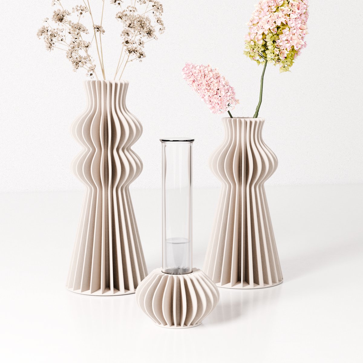 Fleuriek Kleine design vaasjes set van 3 - Beige - Minimalistische bloemenvaasjes voor interieur