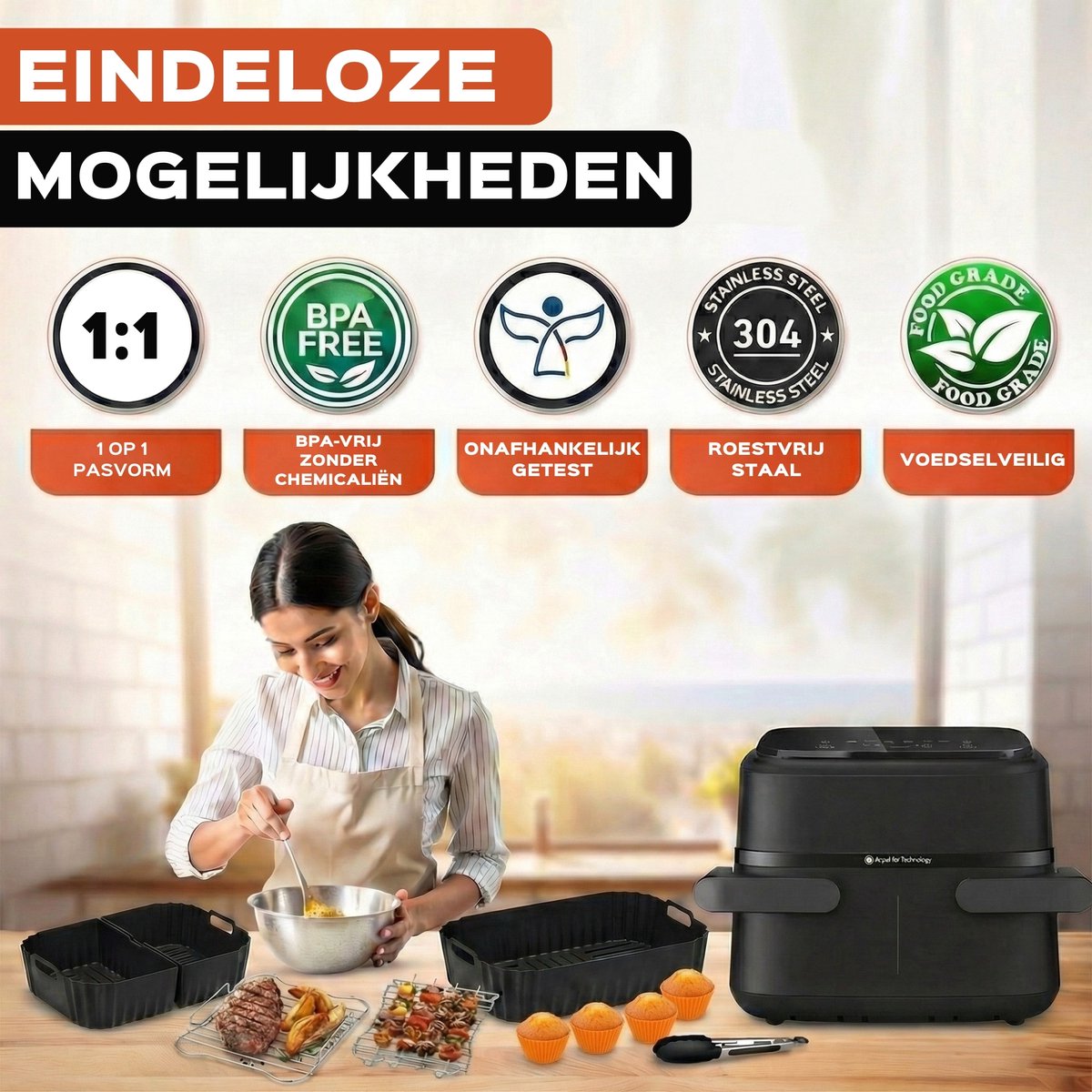 UNBOX Airfryer Accessoires - Geschikt voor Philips 1000 Series Dual Basket Airfryer - NA150/00 - 7,1L - Inclusief Airfryer Siliconen Bakje & e-Receptenboek — afbeelding 3