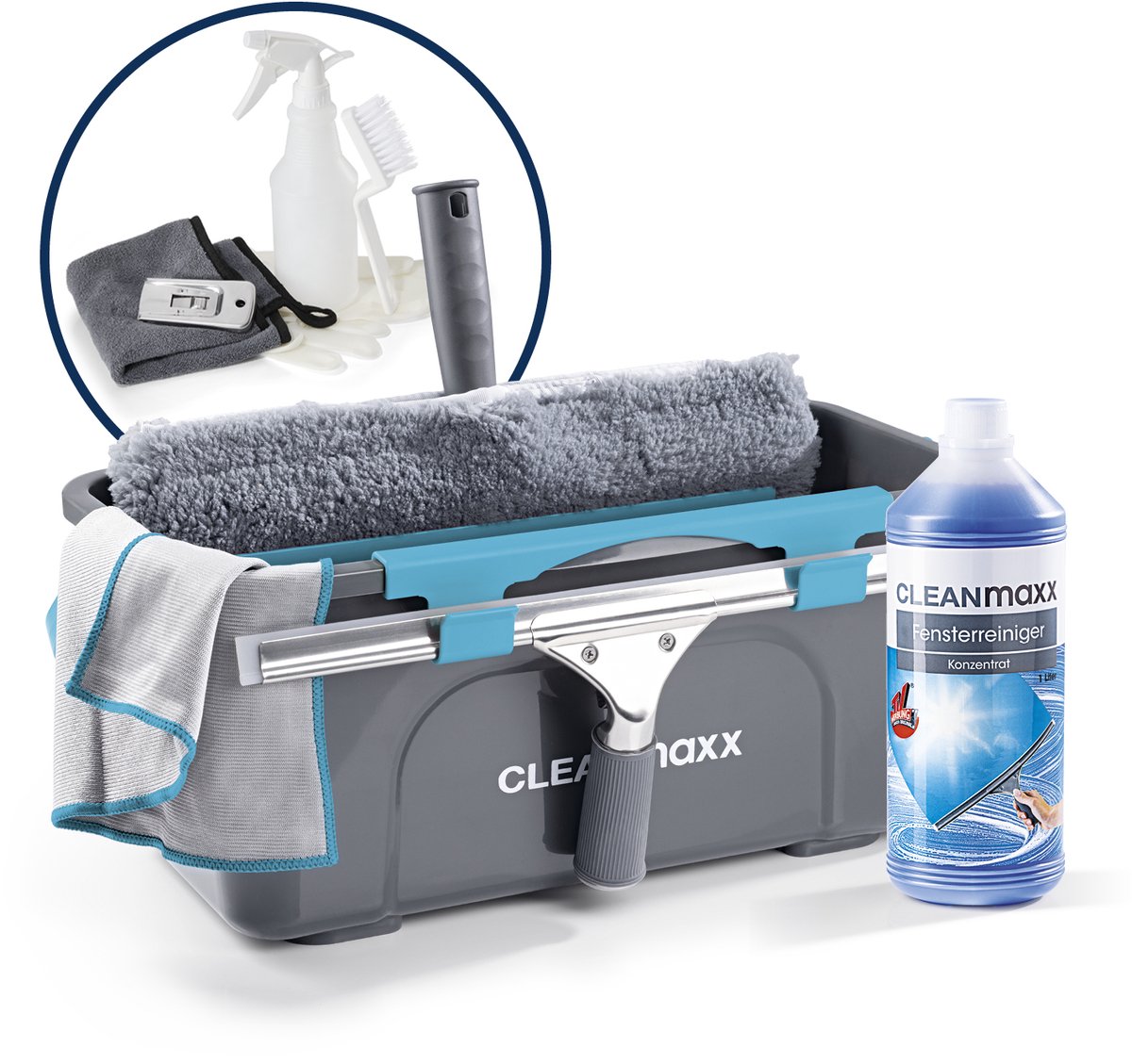 CLEANmaxx professionele ruitenreinigingsset, 13-delig | Professionele ruitenreinigingsset met ruitenwisser – voor huis, auto en meer | inclusief ruitenwisser, ruitenwisser, emmer, concentraat, microvezeldoek enz.