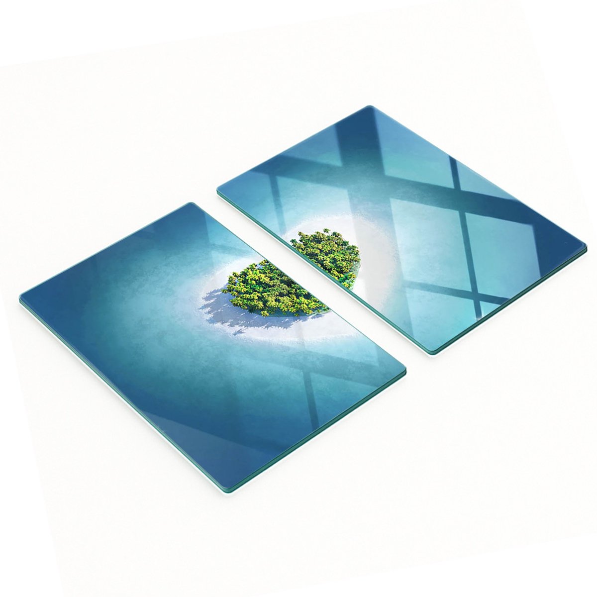 Gehard glazen platen met print van een hartvormig eiland, 2x40x52 cm