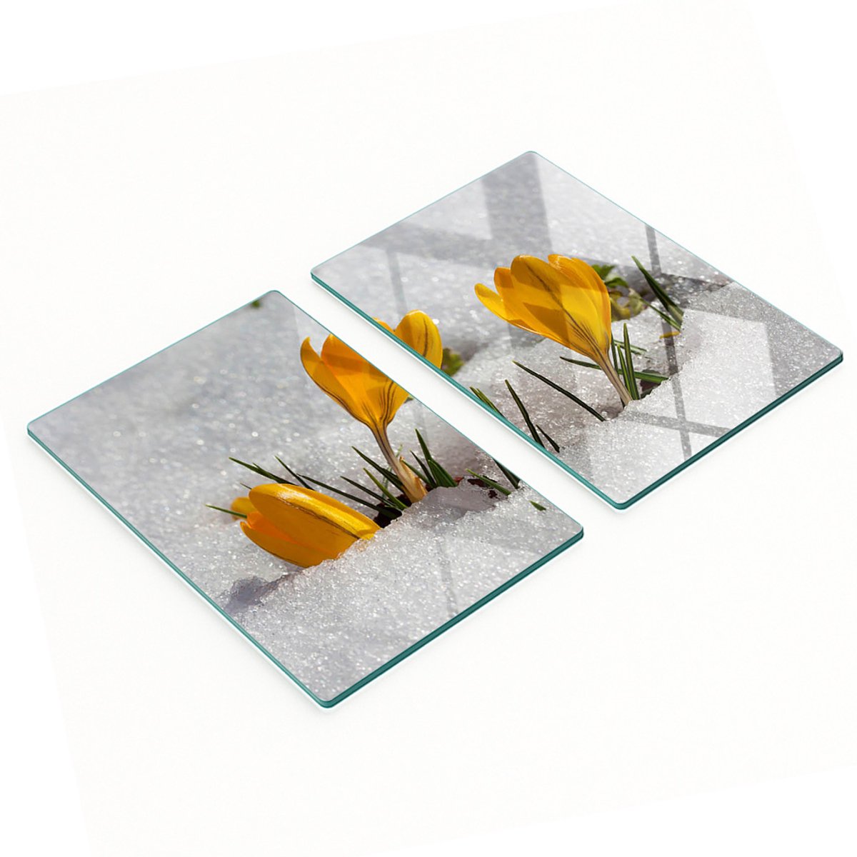 Keukenplanken van gehard glas met afbeelding van krokussen in de sneeuw, 2x40x52 cm
