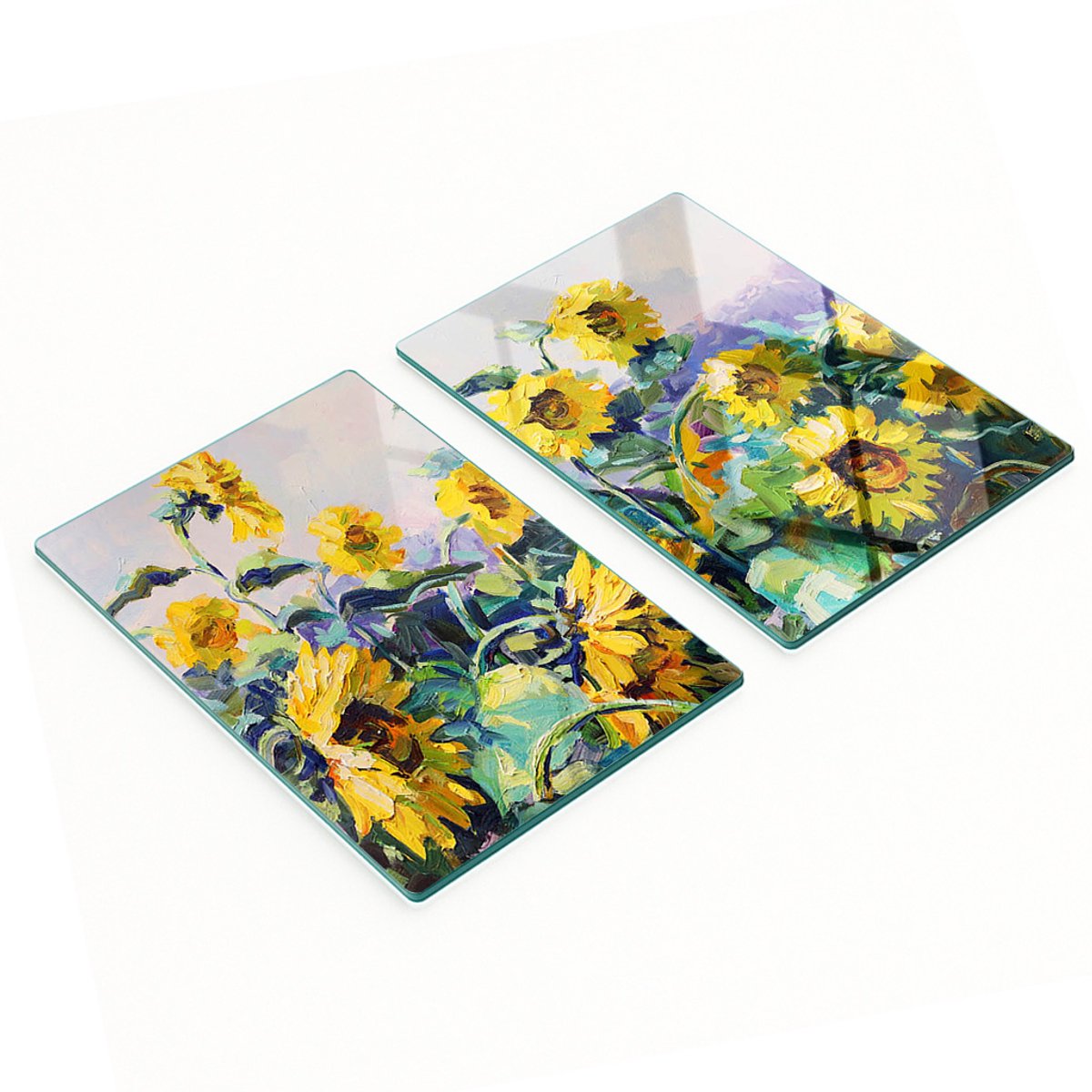 Twee decoratieve snijplanken van gehard glas met zonnebloemmotief, 2x40x52 cm