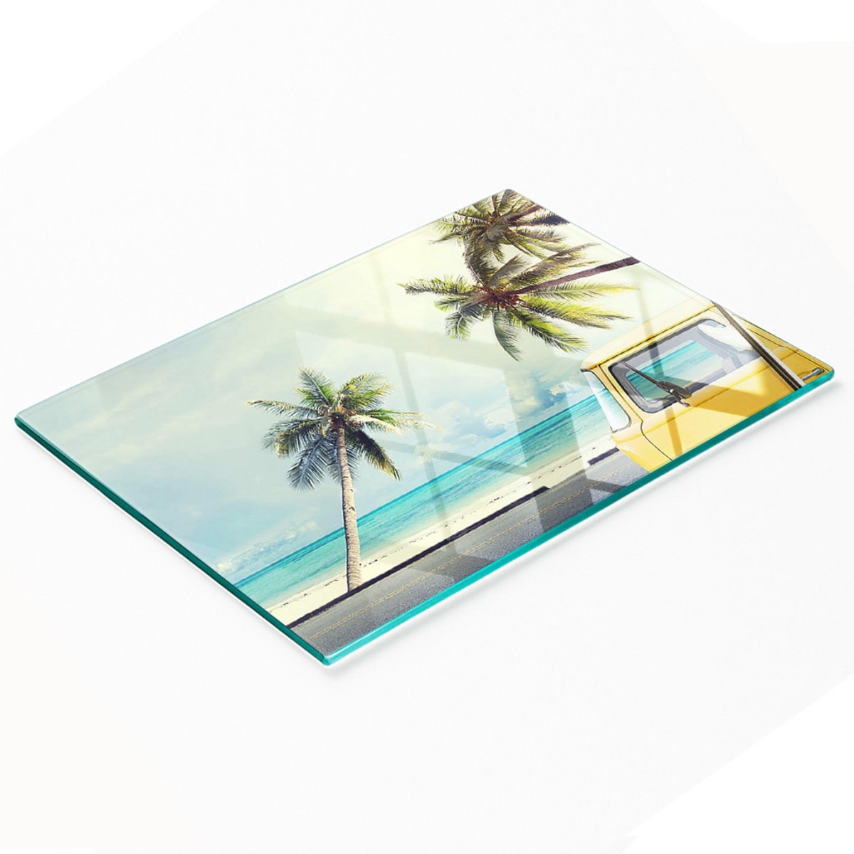 Decoratieve glazen keukensnijplank met bus- en strandmotief, 80x52 cm