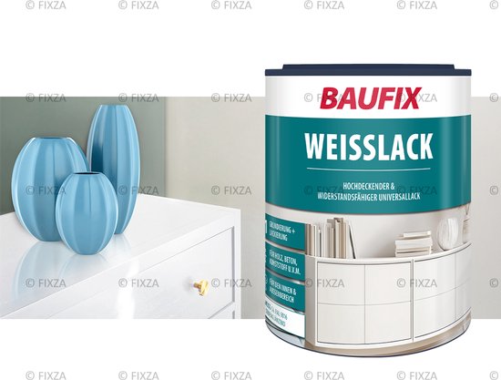 Peinture laque satinée blanche BAUFIX 1L – Laque universelle à base d'eau pour bois, métal et béton – Intérieur/Extérieur – Séchage rapide et résistant au jaunissement