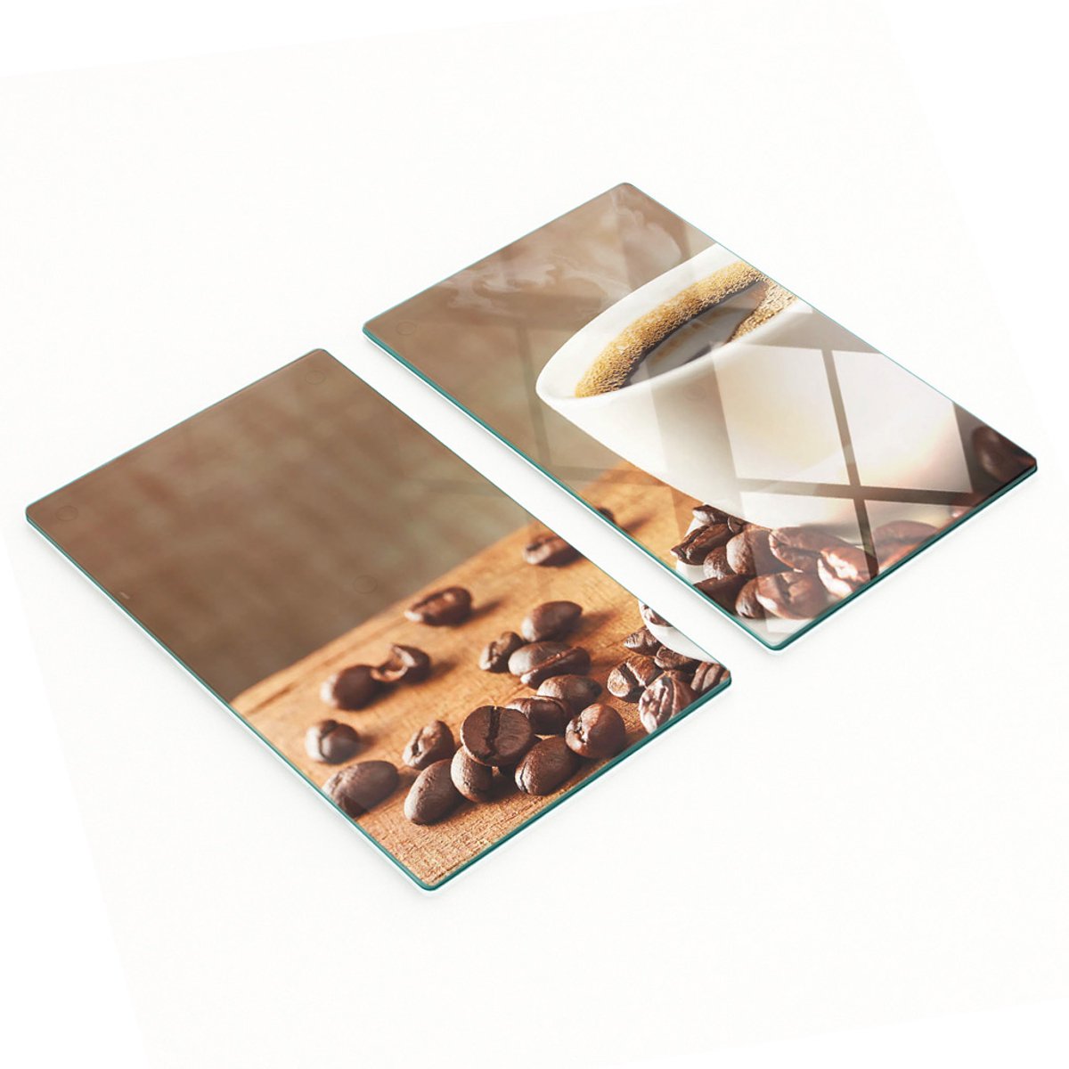 Set van twee glazen snijplanken met koffieboonmotief en houten blad, 2x30x52 cm