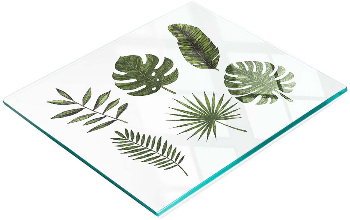 Decoratieve glazen snij- en serveerplank met tropische bladeren, 60x52 cm