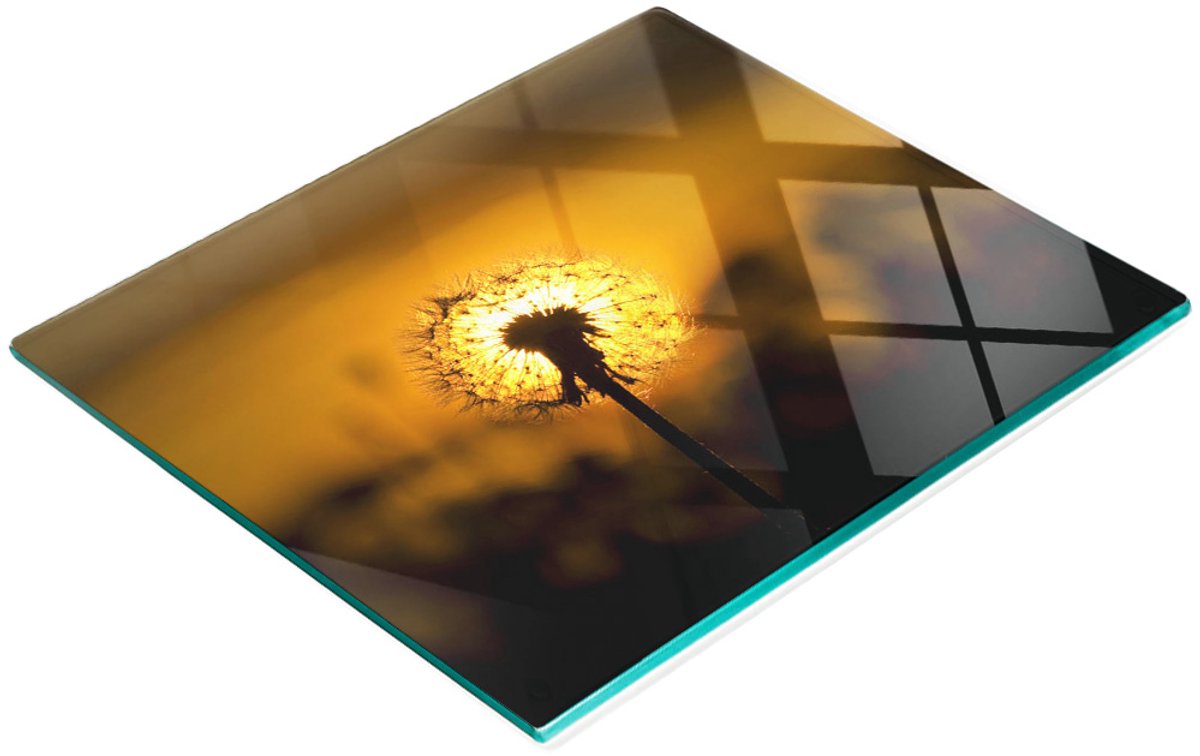 Decoratieve snijplank van gehard glas met paardenbloemmotief, 60x52 cm
