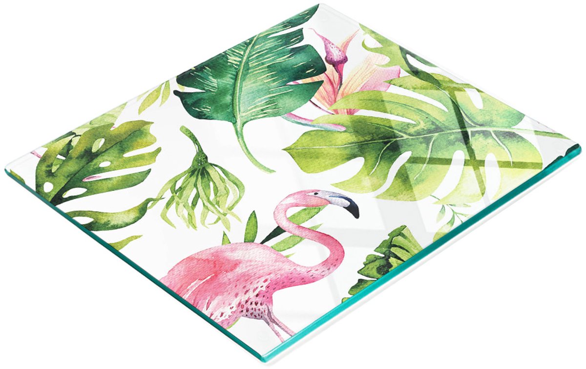 Glazen snijplank met flamingo- en bladerenmotief, 60x52 cm