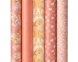 Cadeaupapier Set – Happy Vibes Collection (5 Stuks) – 200×70 cm – Zalm & Roze – Hartjes, Bloemen & Botanische Prints – Inpakpapier