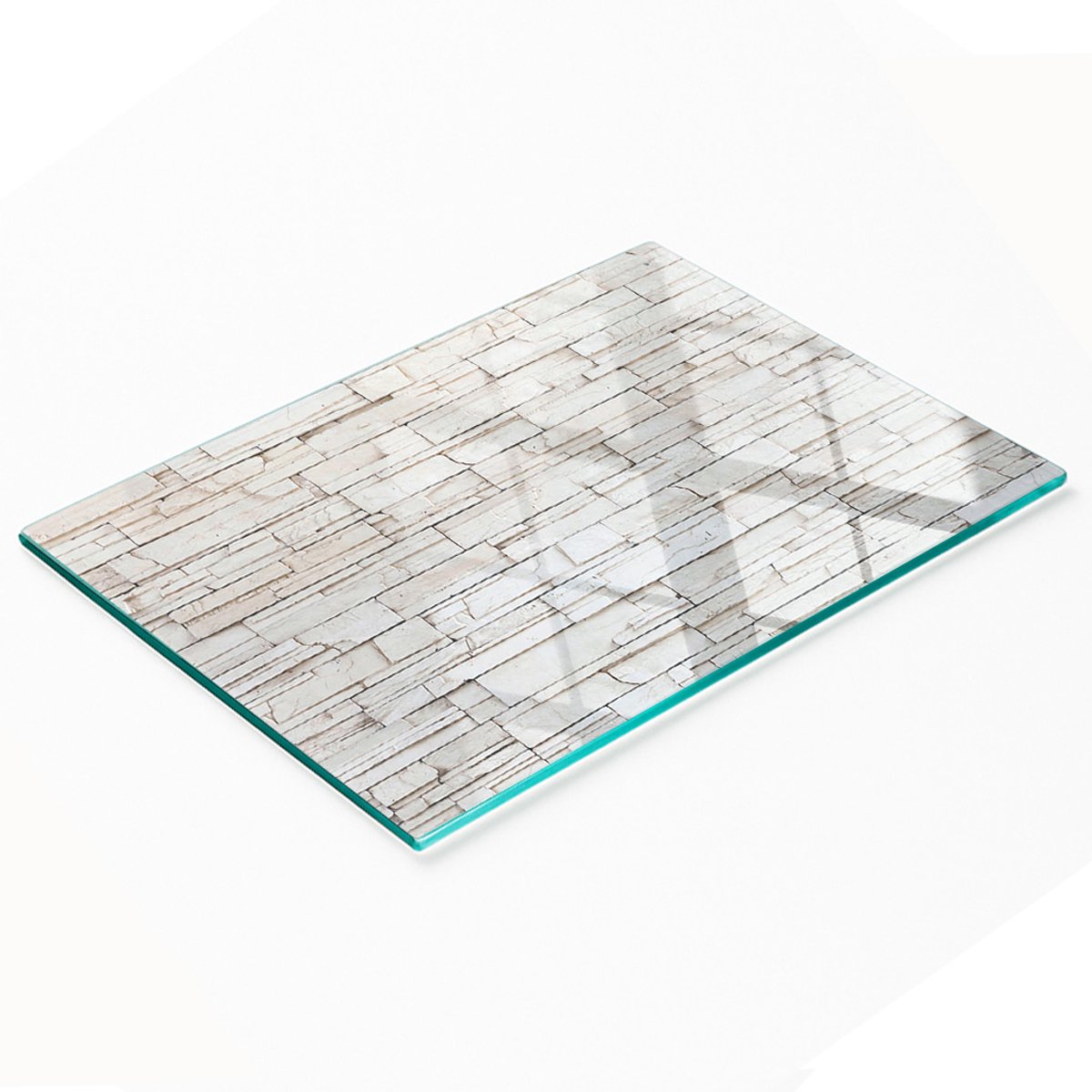 Decoratieve glazen keukensnijplank met witte stenen muurprint, 80x52 cm