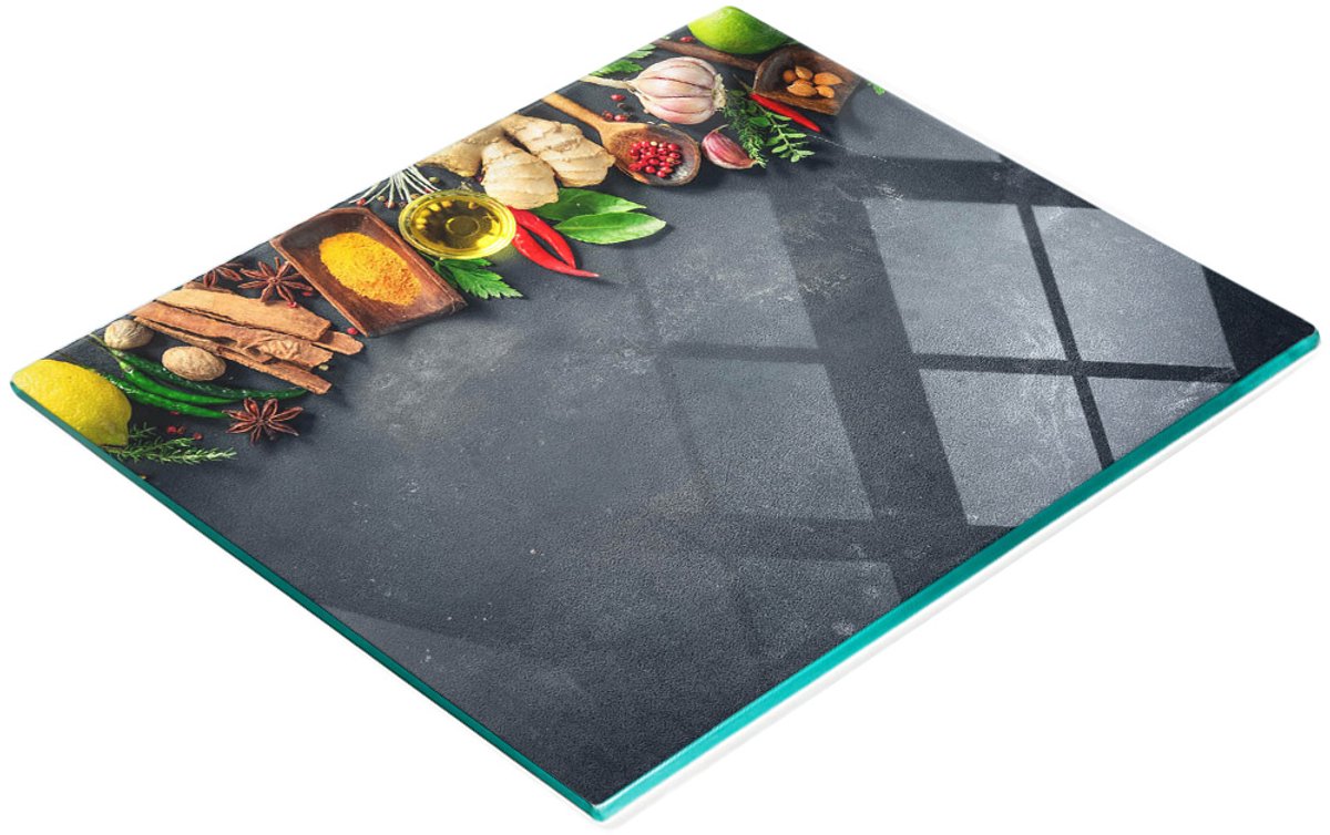 Decoratieve snijplank van gehard glas voor kruiden en specerijen, 60x52 cm