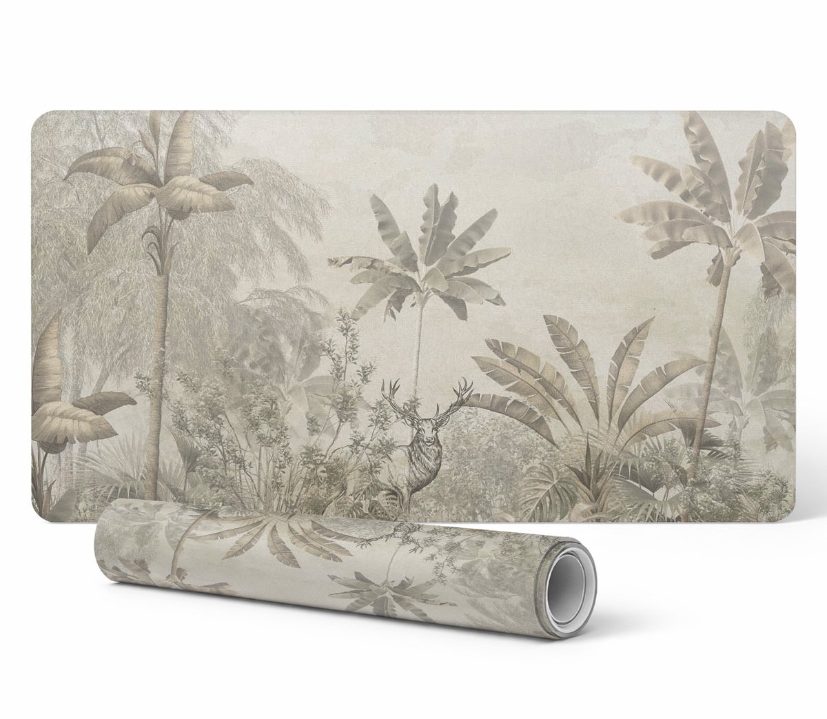 Stijlvolle vinyl computermat met tropisch bos en hertenmotief, 120x60 cm