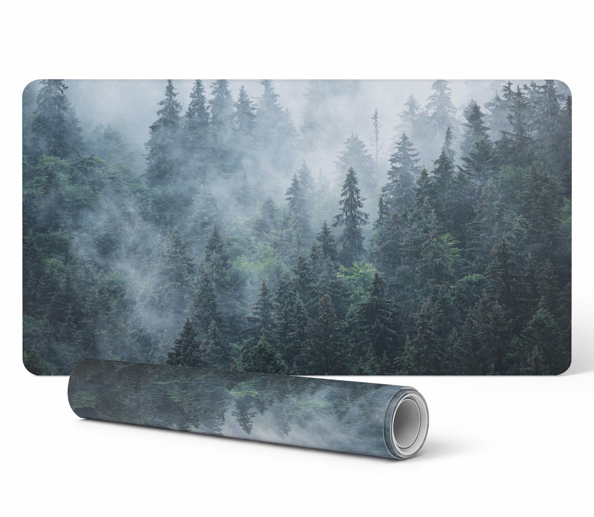 Gamingmuis- en toetsenbordmat met mistig naaldbosmotief, 100x50 cm