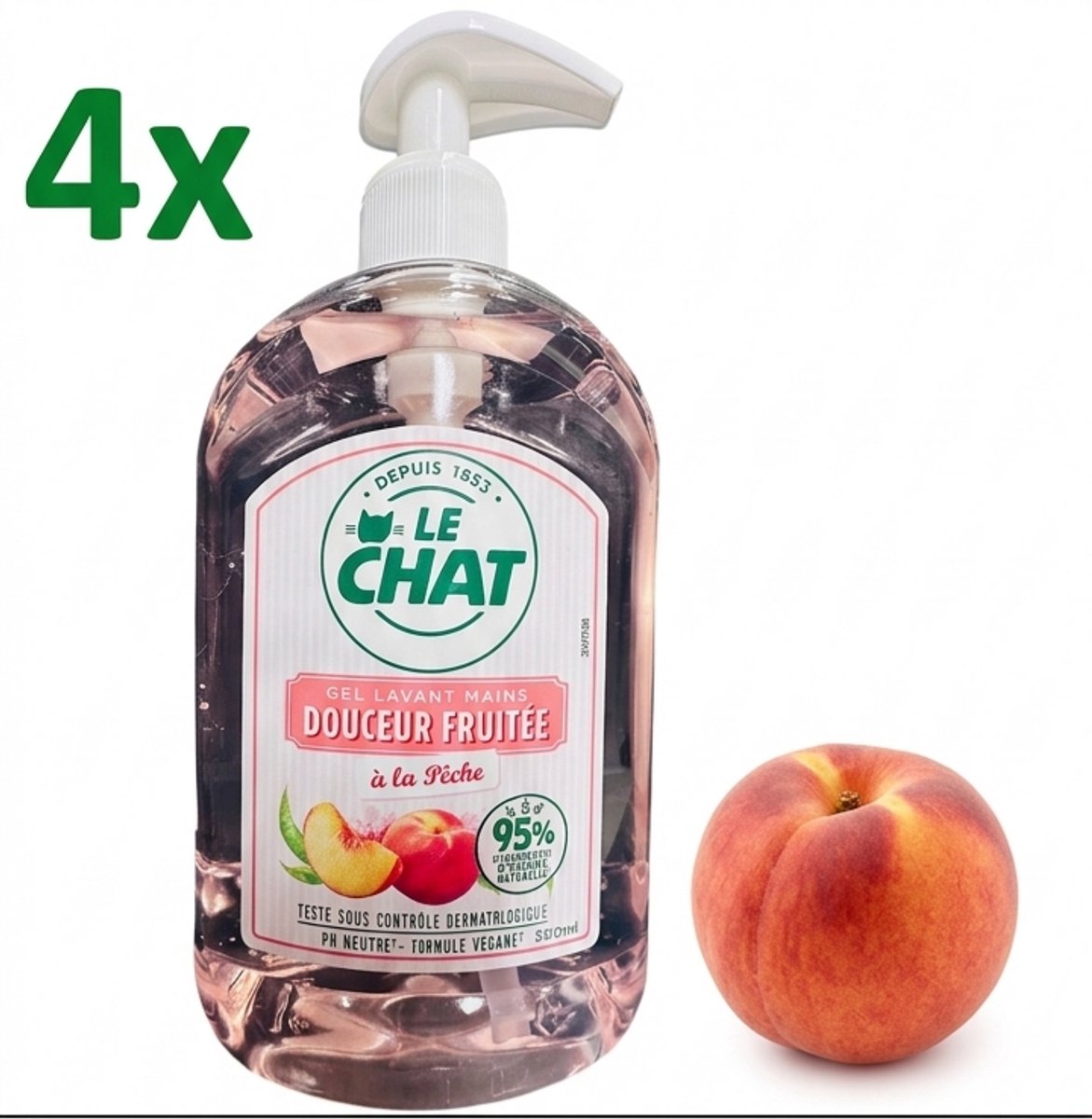 (4x) Le Chat HC Liquid Handzeep Perzik – Zachte & Verzorgende Handzeep – Frisse Perzikgeur – 500 ml – Voor Dagelijks Gebruik