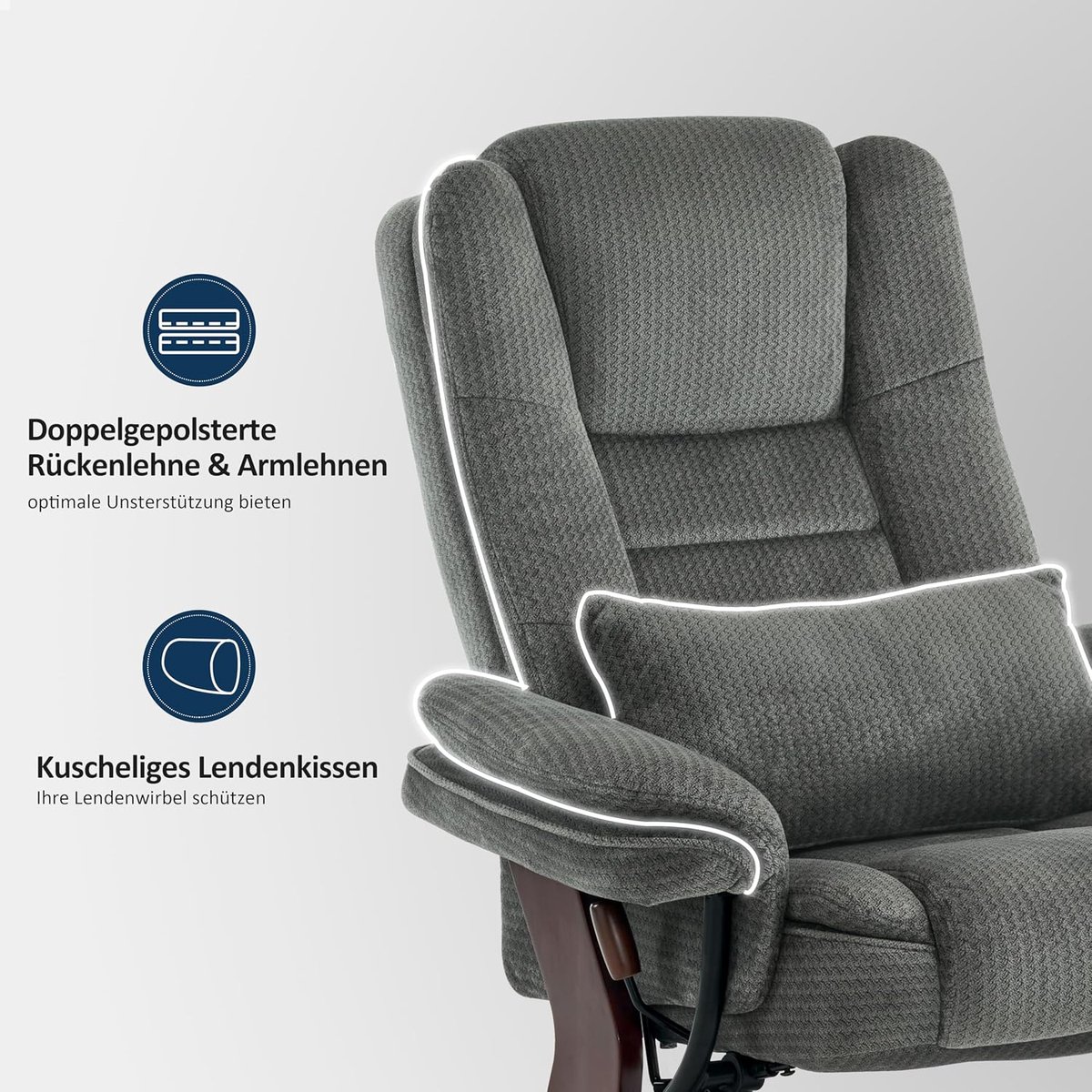 Relaxfauteuil 82,5 x 87 x 106 cm – 360° Draaibare Lees- en TV-Stoel met Kruk, Traploos Instelbare Rugleuning, Comfortkussen en Zijzak – Grijs Stof – Laura