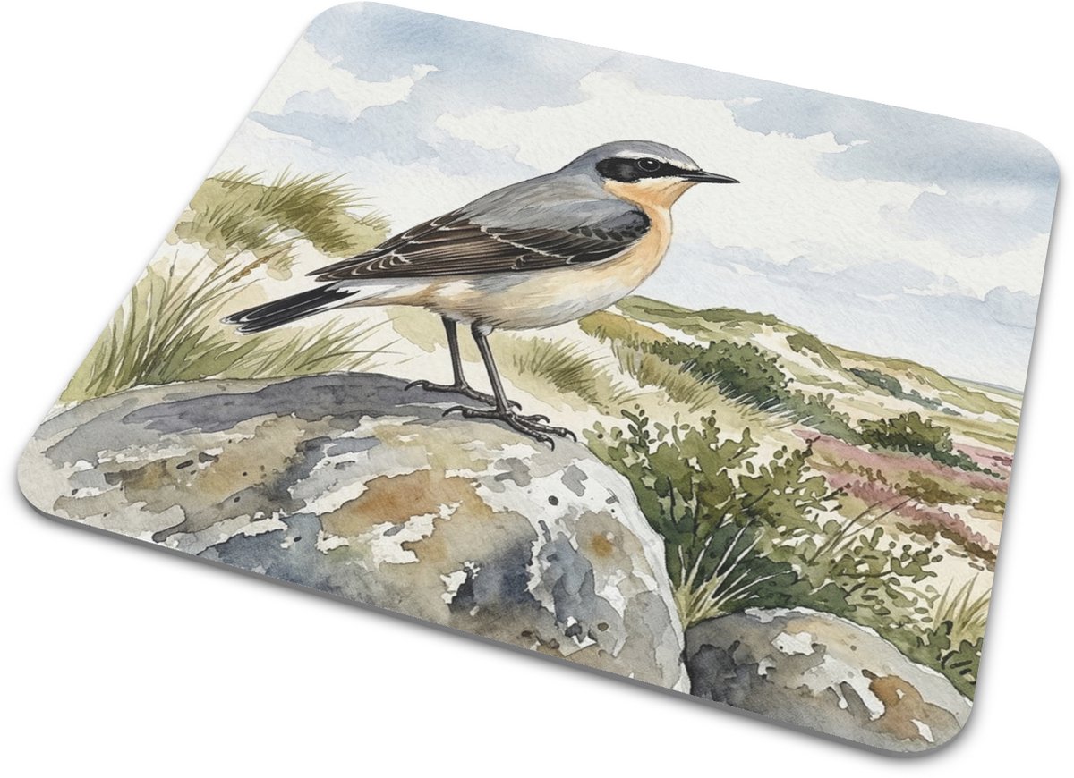 Tapuit Muismat in Duinlandschap met Heide - Vogel "Aquarel Series" Bureau Accessoire voor Kantoor en Thuis - Waterverf Schilderij van Kustvogel op Rots in de Natuur - Cadeau voor haar: Vrouw, Vriendin & Collega - Werkplek Muismatje