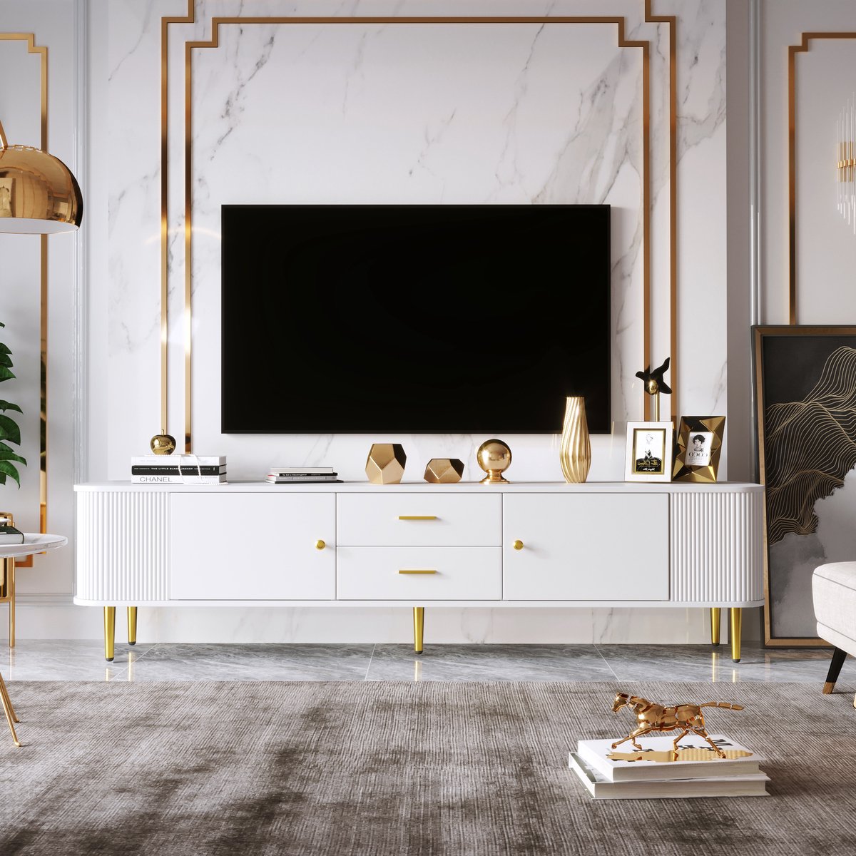 MODFU Tv-Meubel - Afgeronde Hoeken En Golvende Zijkanten - Modern - Voor De Woonkamer - MDF - Wit - 170 X 34 X 45 Cm