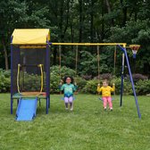 Multifunctionele Outdoor Schommelset voor Kinderen - Speeltoren met Trampoline, Schommel en Glijbaan - Speeltoestel voor de Tuin met Veiligheidsnet, Basketbalring en Stabiel IJzeren Frame