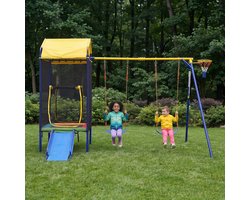 Multifunctionele Outdoor Schommelset voor Kinderen - Speeltoren met Trampoline, Schommel en Glijbaan - Speeltoestel voor de Tuin met Veiligheidsnet, Basketbalring en Stabiel IJzeren Frame