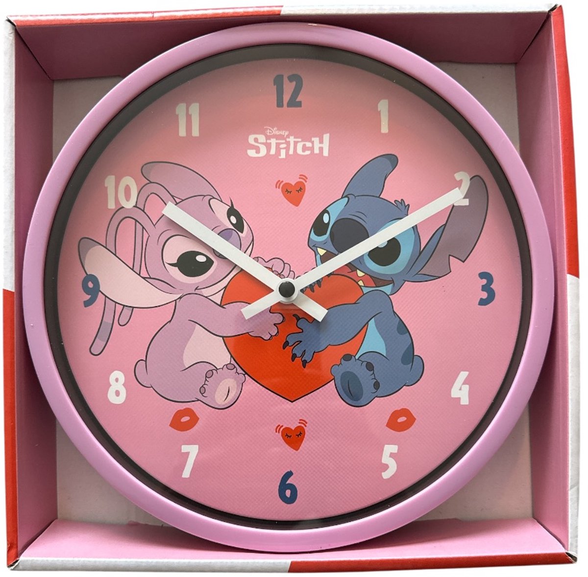 Stitch Wandklok Kinderkamer – Analoge Klok met Stitch & Angel – Stil Uurwerk – Roze