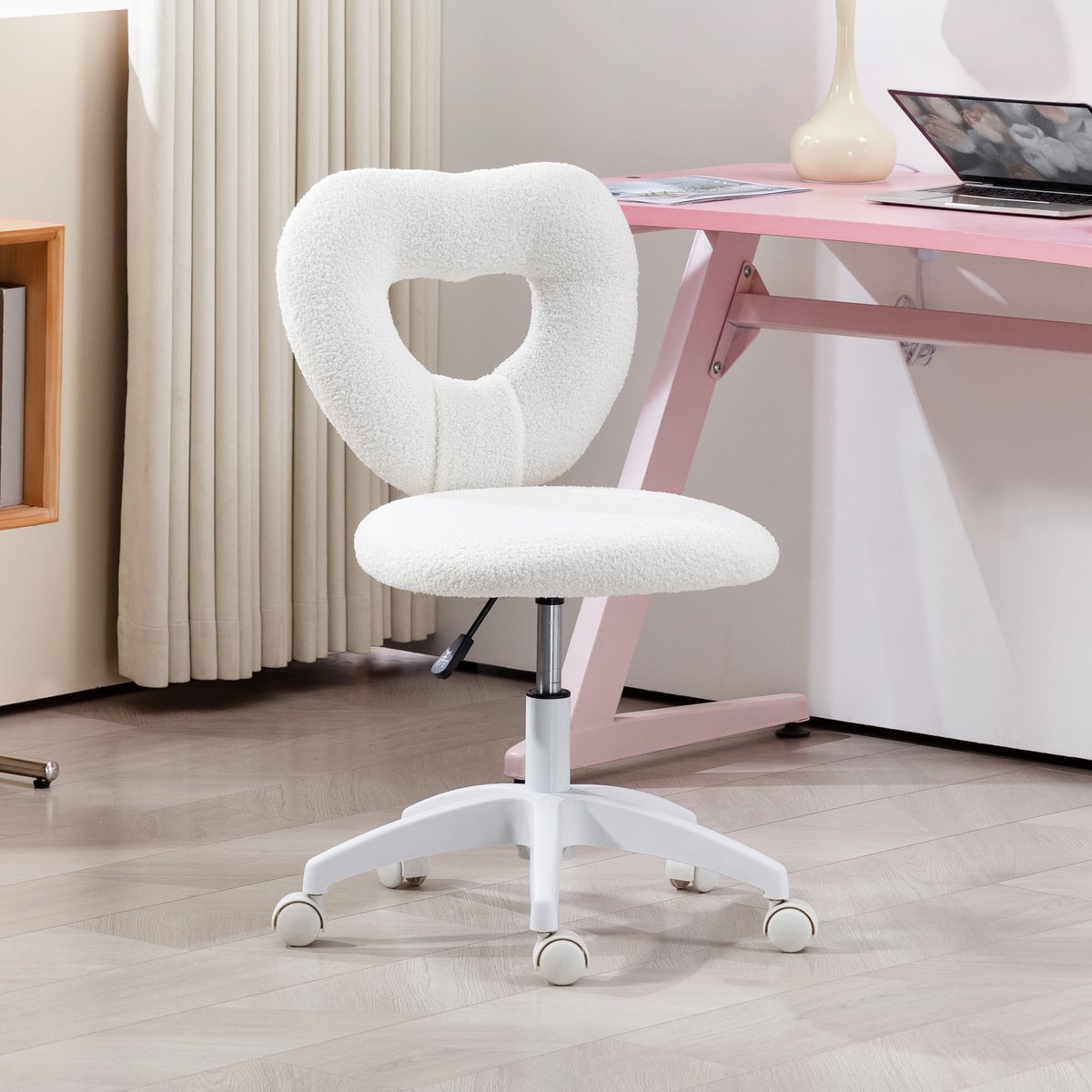MODFU - Bureaustoel - Hartvormige Rugleuning En In Hoogte Verstelbaar - Voor Homeoffice - Polyester - Wit - 45 x 56 x 78-88 cm