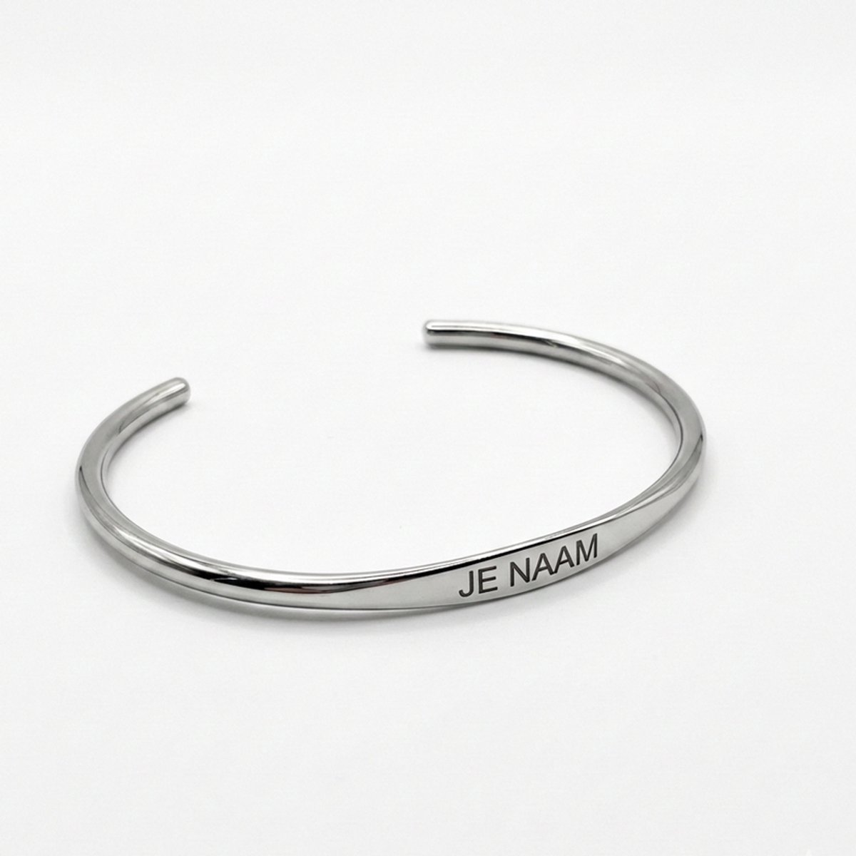 Armband met graveer, Armband met naam, Armband met gravure zilverkleurig - open cuff bangle - RVS - verstelbaar, Armband met naamplaatje ,graveerarmband