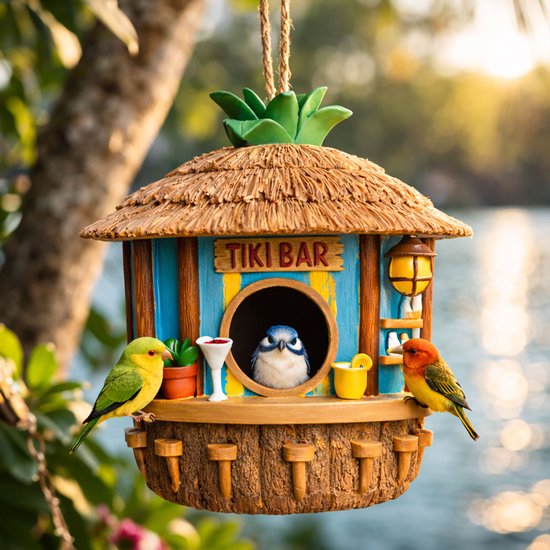 MikaMax Tiki Bar Vogelhuisje van Kunsthars - Tropische Tuindecoratie voor Tuin & Balkon - Voor Kleine Vogels - Weerbestendig