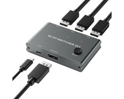 DisplayPort Switch 3 in 1 out - 8K 30Hz - 4K - Dolby - DTS - voor PC en Monitor - adapter hub - zwart
