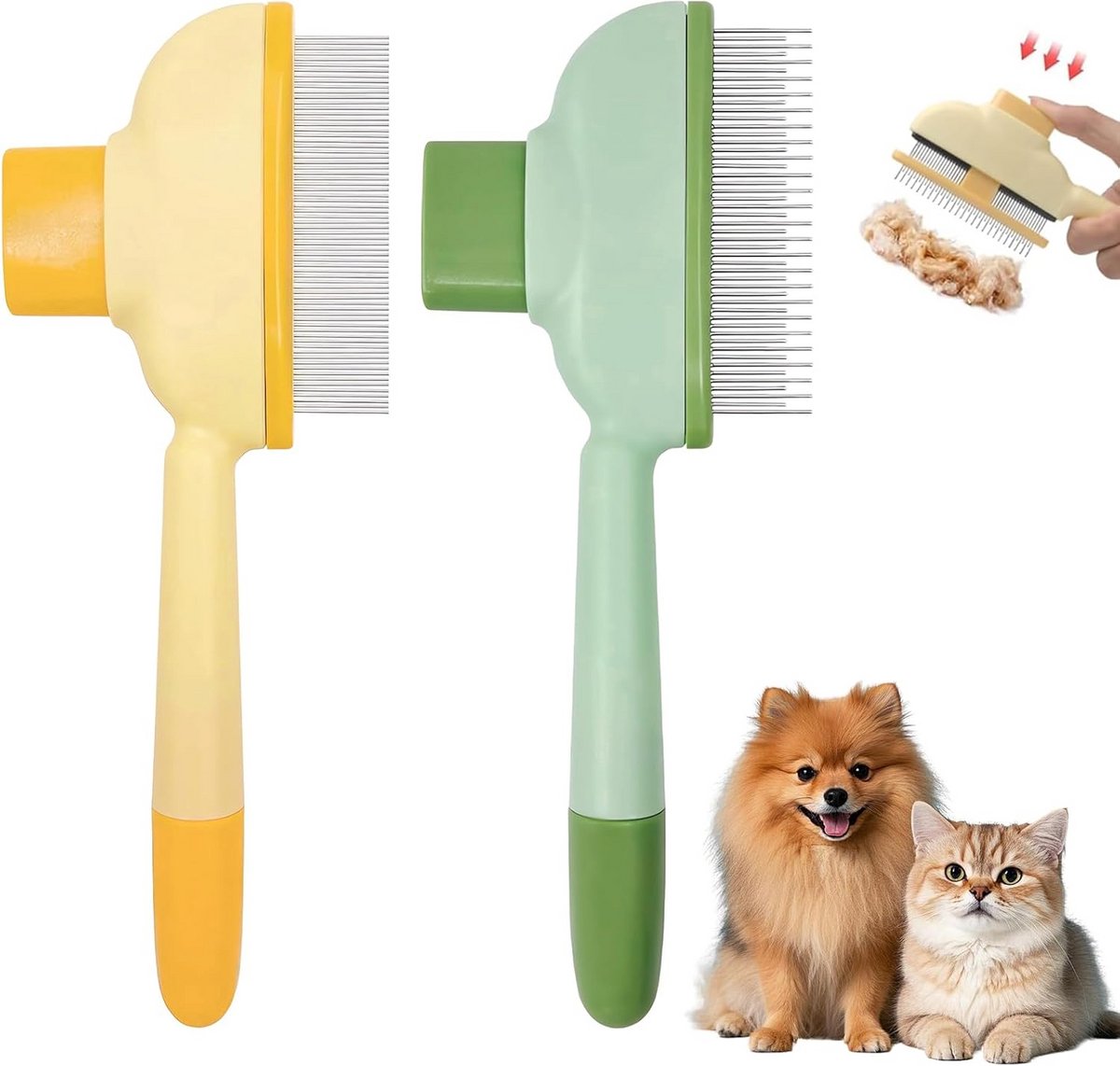 Kattenkam Set - Vachtborstel Huisdier - Vachtverzorging Dieren - Zelfreinigend Ontwarren - 2 Stuks - Oranje Groen