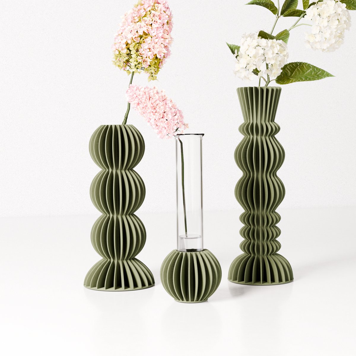 Fleuriek Set van 3 kleine vazen voor bloemen of droogbloemen - Groen - Moderne bloemenvaasjes met glazen buisjes