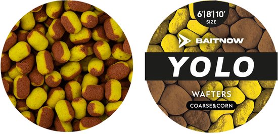 Twee ronde verpakkingen, één gevuld met gele en bruine 'wafters', één met een label 'YOLO Wafters Coarse & Corn'.