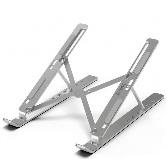 GROVI® OFFICE Laptop standaard Verstelbaar - Ergonomische Laptopstandaard Aluminium - Inklapbaar - 7 Standen - Voor Laptop en Tablet t/m 17 inch - Zilver