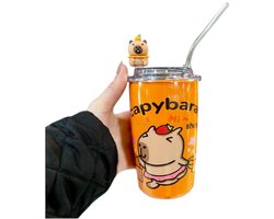 Metalen Drinkbeker met Deksel & RVS Rietje – Capybara Kawaii Design – Duurzame BPA-vrije Tumbler Cadeau Kinderen Tieners