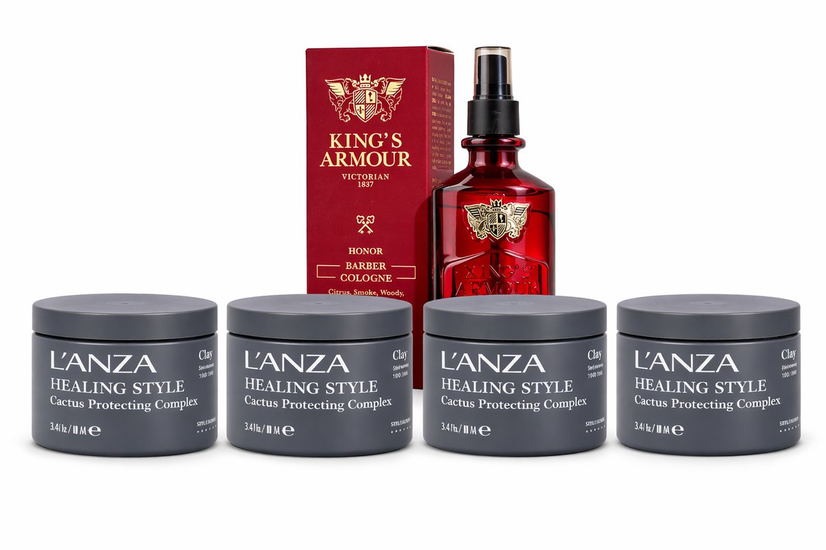 L’ANZA Healing Style Clay 4-Pack – Professionele Haar Clay 100 ml x4 + King’s Armour Barber Cologne – Sterke Hold & Matte Finish – Salonkwaliteit Styling
