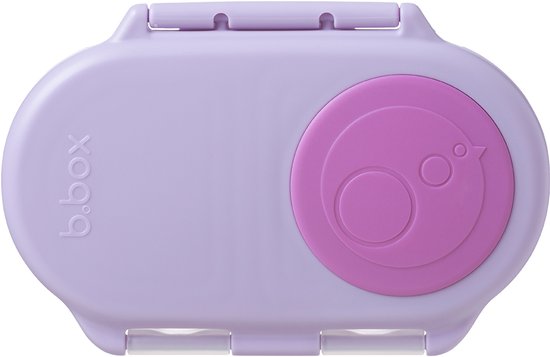 Boîte à goûter b.box violette fermée avec fermoir circulaire rose et texte 'b.box'.