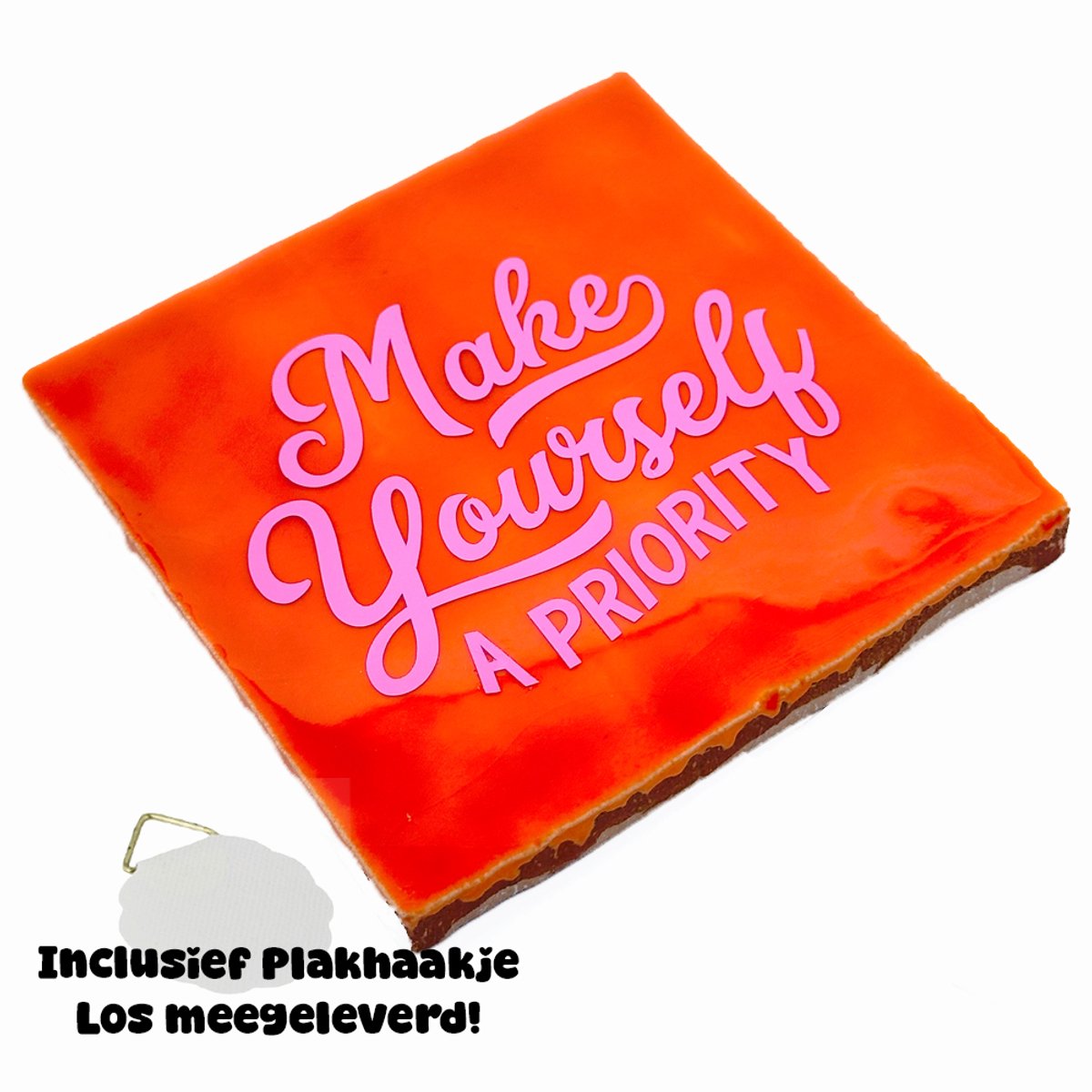 Snoes Cadeautegel - Make Yourself a Priority - Handgemaakt Spaans Keramiek - 10 x 10 cm - Oranje/Roze