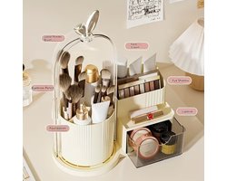 Dustproof 360° rotating portable cosmetic storage box with drawers and compartments. Made of durable plastic, ideal for brushes, lipsticks, skincare and stationery. White, includes a powder puff.bureau organizer lades bureau accessoires