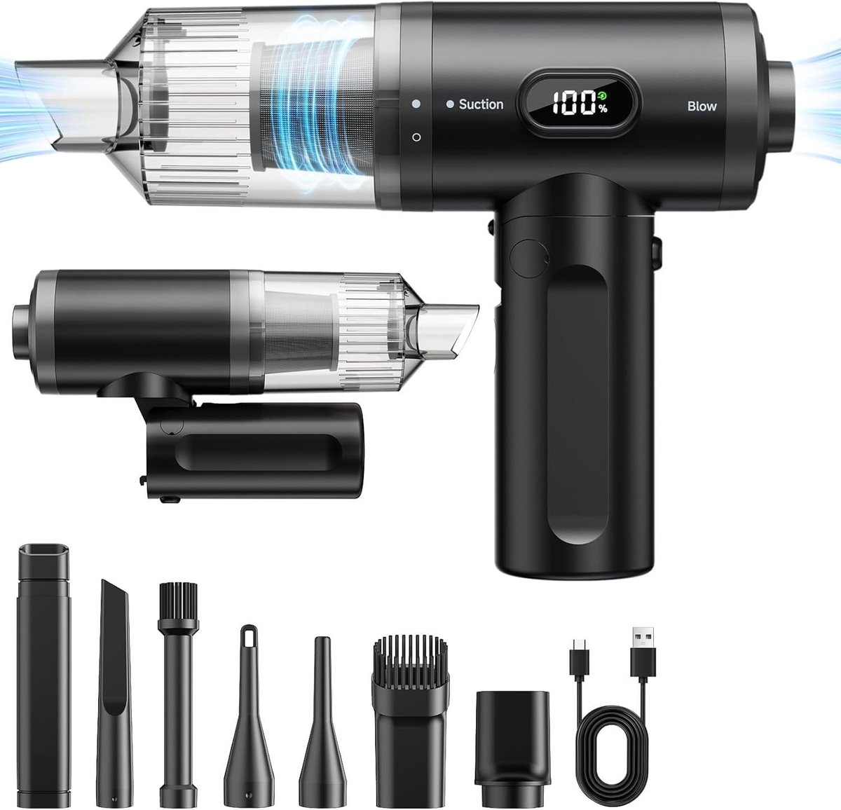 Sander Shop Handstofzuiger, 11000PA autostofzuiger, draadloos, opvouwbare mini-autostofzuiger met krachtige borstelloze motor , draagbare stofzuiger voor huisdierenhaar, voertuigen