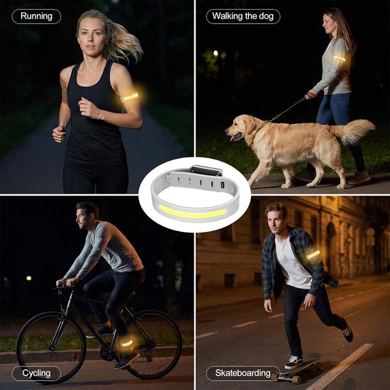 Collage met vier afbeeldingen van mensen die de grijze hoofdlamp gebruiken: rennend, wandelend, fietsend en skateboardend. Ook een afbeelding van de lamp.