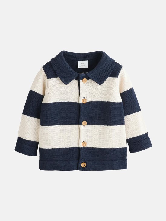 Gebreid babyvest met donkerblauwe en witte strepen, kraag en knopen.