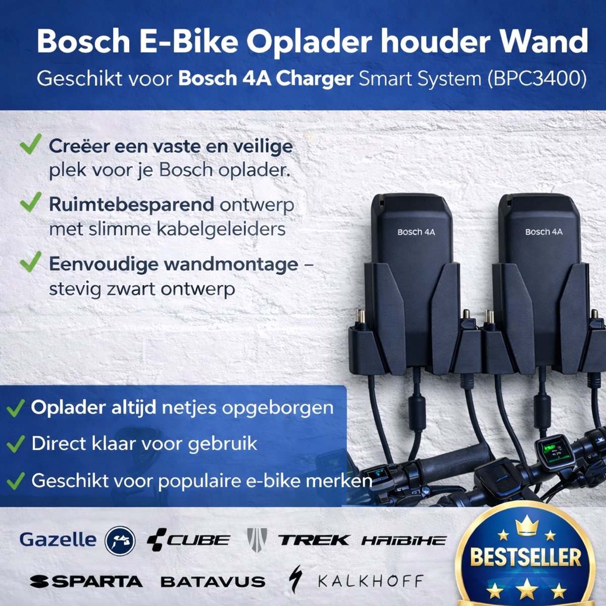 Bosch E-Bike Oplader Houder Wand – Geschikt voor Bosch 4A Charger Smart System (BPC3400) – Wandhouder E-Bike Lader – Opladerhouder Garage / Schuur – foto 3