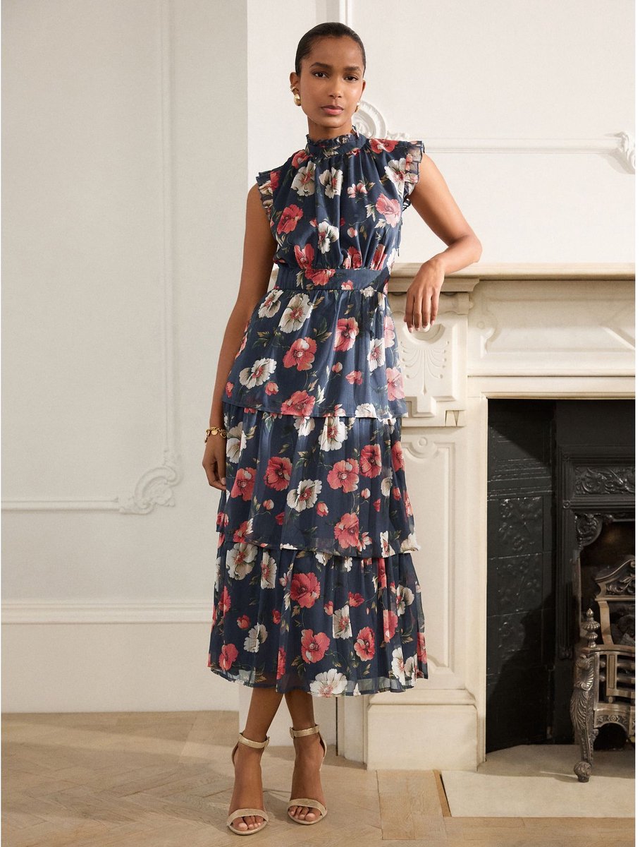 Next - Dames - Bedrukte maxi-jurk met hoge hals en gelaagde rok voor speciale gelegenheden - Blauw