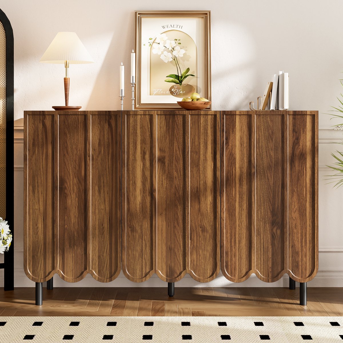 REDOM - Dressoir - Gegolfde Deuren En Greeploos Druksysteem - Modern Minimalistisch - MDF - Walnootkleur - 120 X 35 X 80 Cm