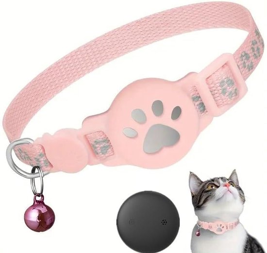 GPS KattenTracker - Suivi d'animaux de compagnie - Suivi de localisation en temps réel Fonctionne avec iOS/Android - Étanche - Avec collier réfléchissant et grelot - Suivi de perte pour animaux de compagnie - Collier en nylon réglable - rose