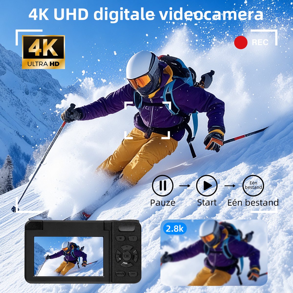Ericbee 4K 64MP Digitale Camera Met Beauty Licht En 180 Graden Flip Scherm - Compacte Vlogging Camera Met Autofocus 18X Digitale Zoom En 20 Filters - Fotocamera Met 3 Inch Display Webcam Functie En 32GB Kaart Voor Foto En Video thumbnail 2