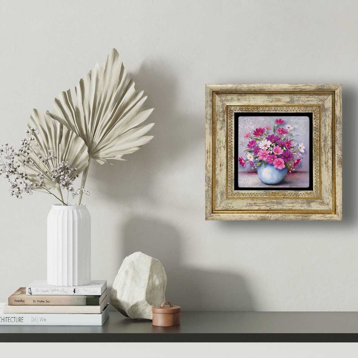 Artlijn Bloemen in Vaas Wanddecoratie – Natuursteen Art Print – Travertin Steen Kunst – Bloemen Stilleven Decoratie
