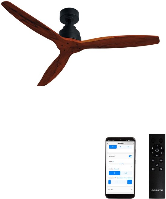 Stille plafondventilator 40W met technische ABS-bladen, wifi, zomer-/winterfunctie, Ø132 cm, IP44
