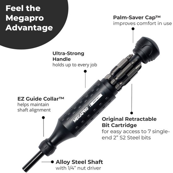 Zwarte Megapro schroevendraaier met 7 bits in het handvat. Kenmerken: palm-saver dop, ultrasterk handvat, EZ-geleidingskraag, uitklapbare bitcartridge.